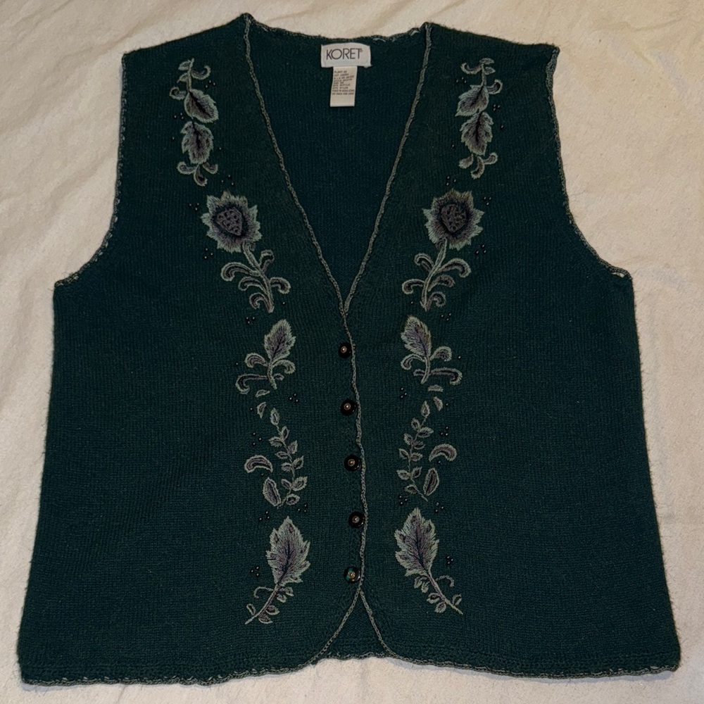 Koret Teal Floral Embroidered V-Neck Sweater Vest